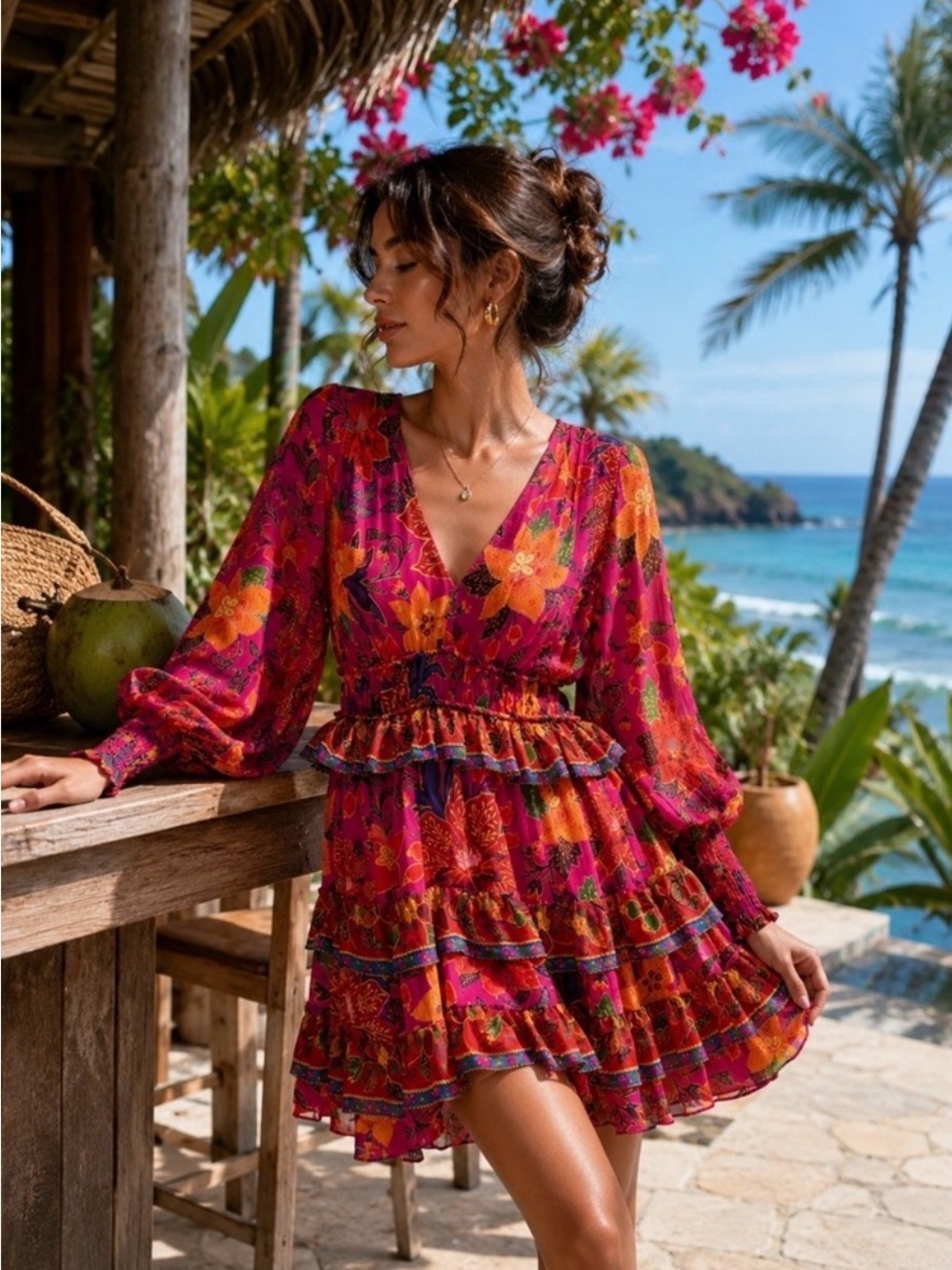 Farm Rio Floral V-Neck Tiered Mini Dress in Magenta and Orange